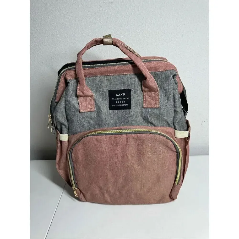 Land Pink And Grey 3 in 1 Diaper Bag Backpack Baby Portable Crib